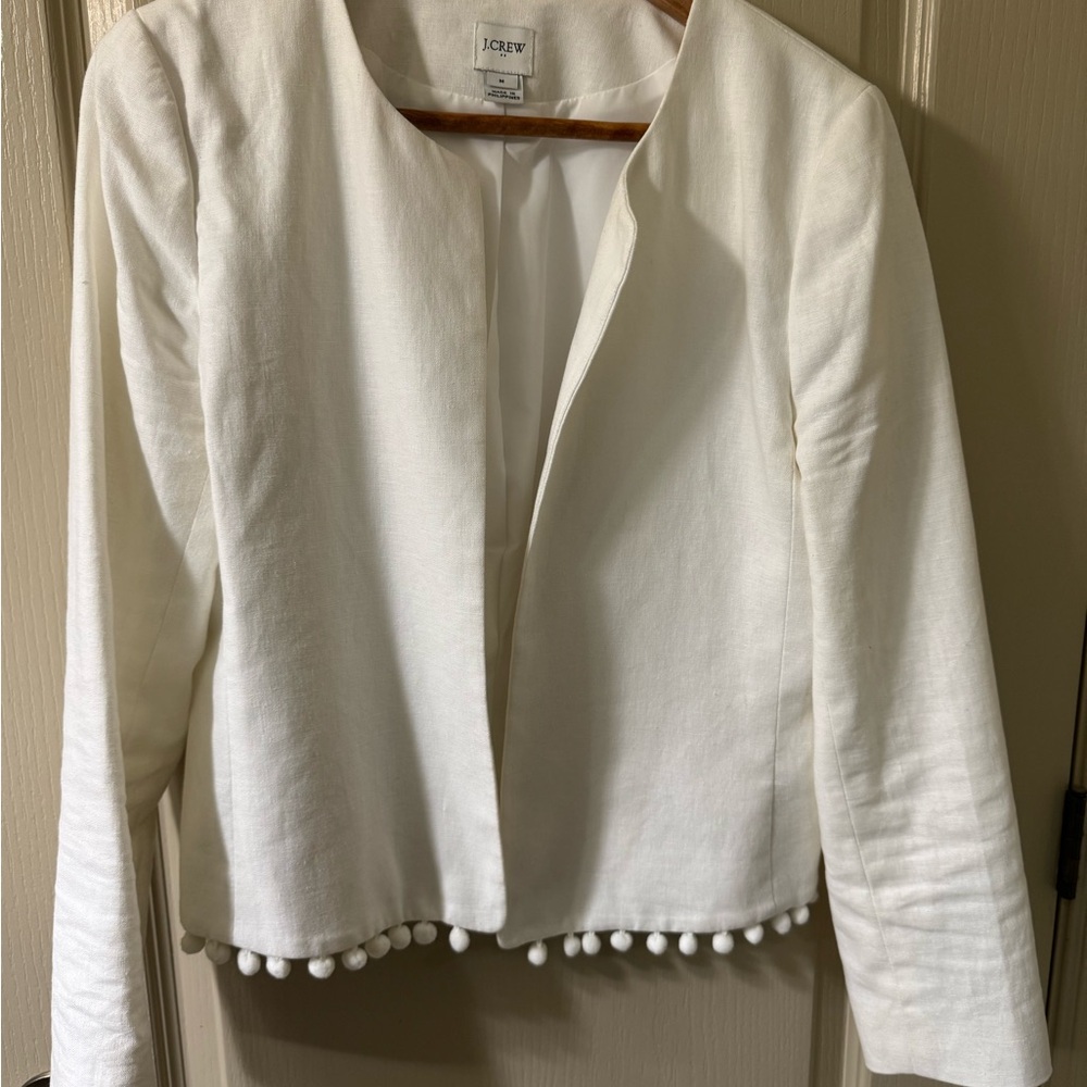 NWOT J. Crew White Blazer with Pom-Pom Trim